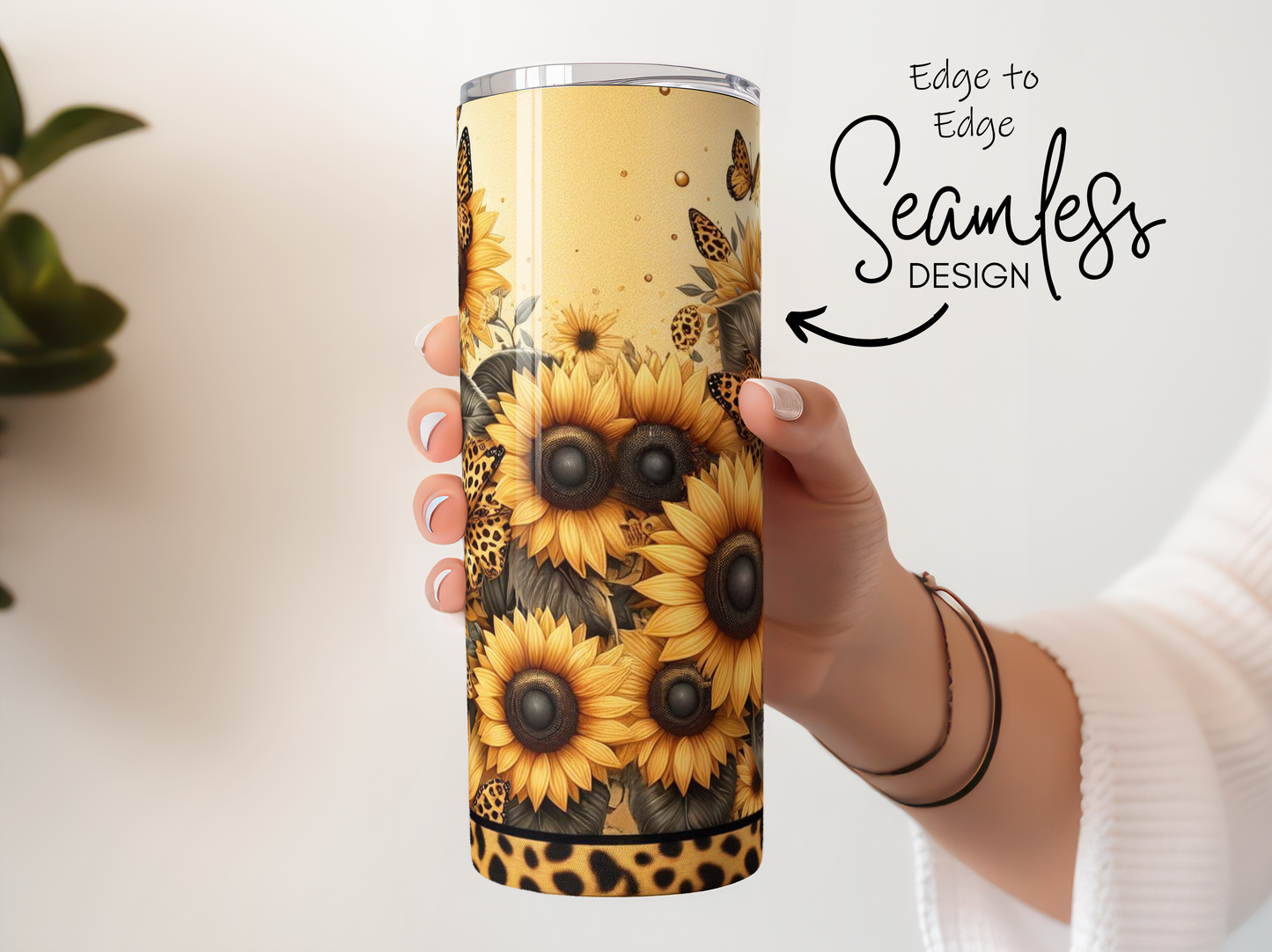 Seamless Sunflower and Leopard Print Tumbler, Stainless Steel Travel Mug, Floral Insulated Cup