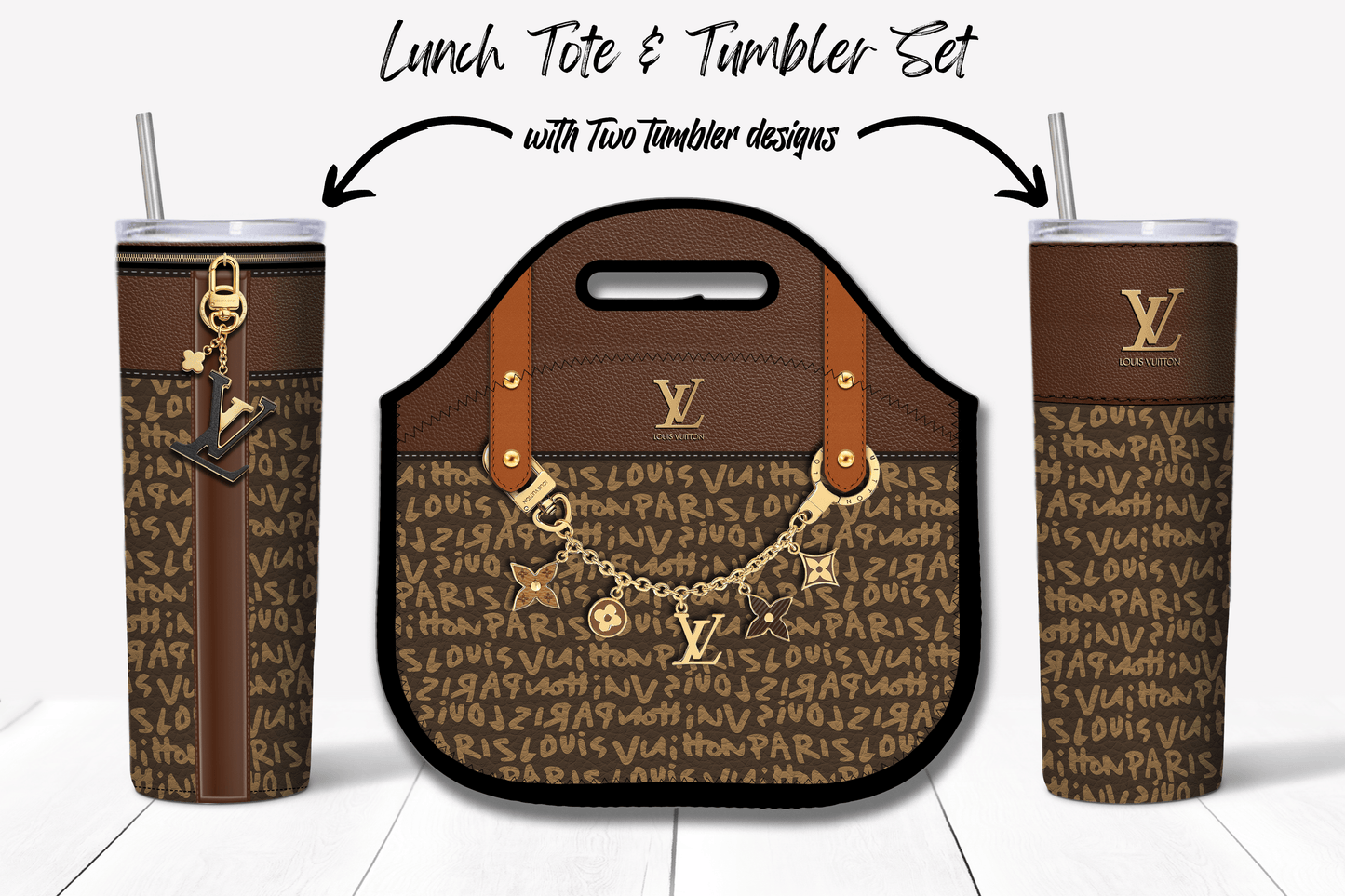 LV Brown Graffiti Monogram Lunch Tote and Tumbler Set Leather Texture - Hushed Designs