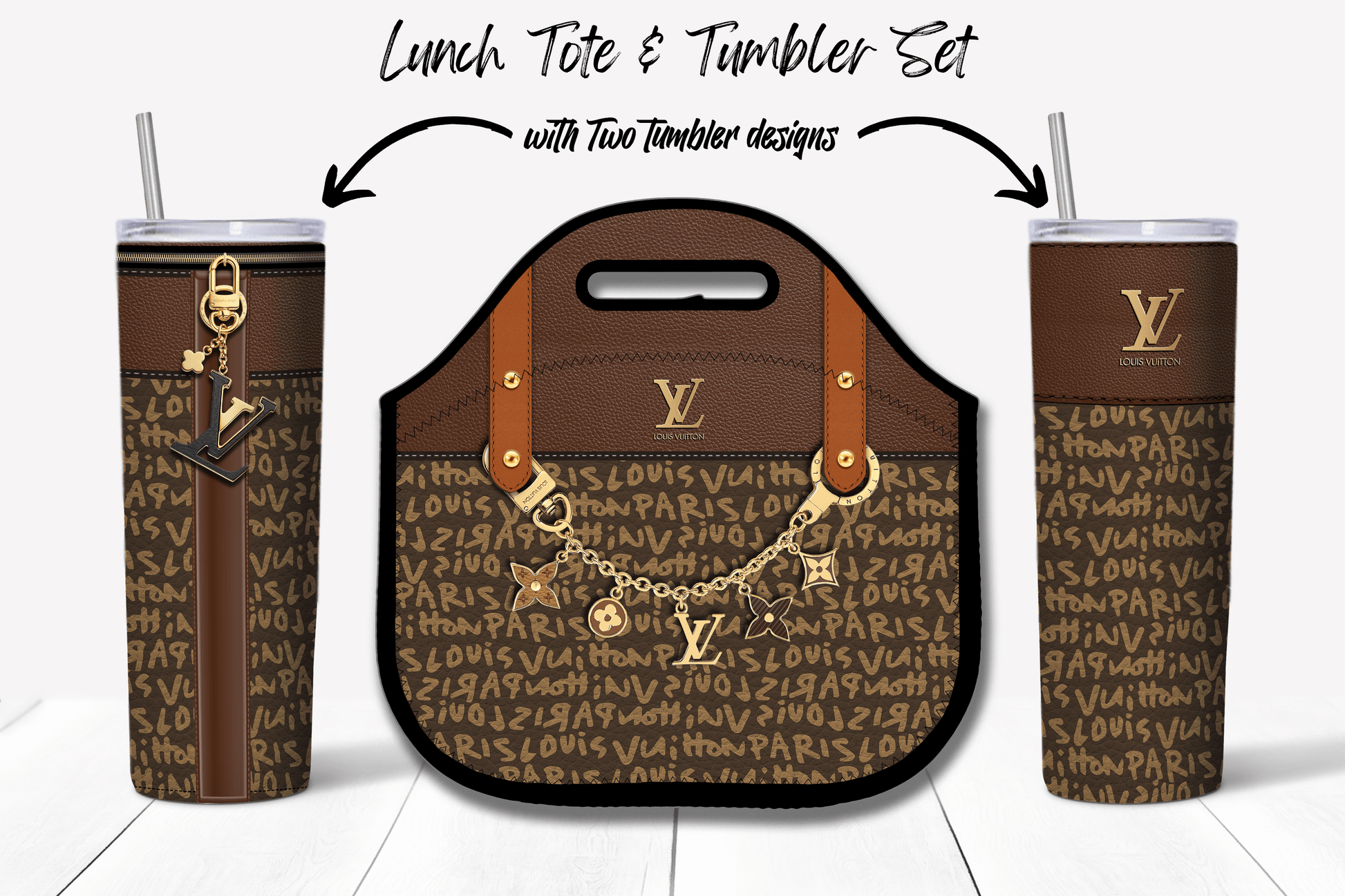 LV Brown Graffiti Monogram Lunch Tote and Tumbler Set Leather Texture - Hushed Designs