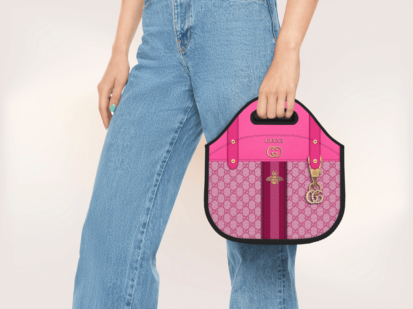 Gucci Pink Monogram with Pink Strap Lunch Tote and Tumbler Set Leather Texture - Hushed Designs