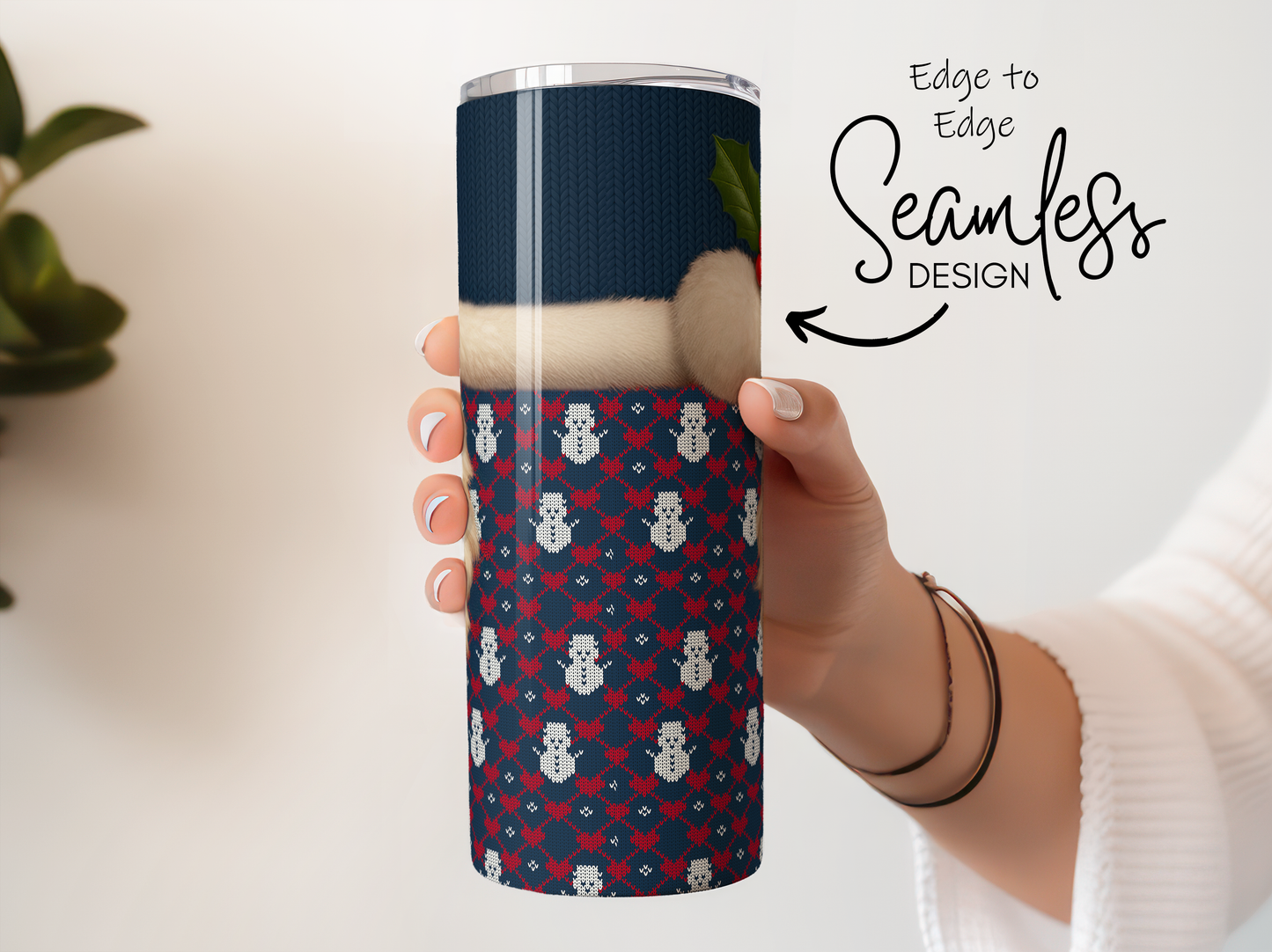 Seamless Winter Design Tumbler, Navy Blue and Red Snowflake Pattern, Insulated Travel Mug, Christmas Gift Idea