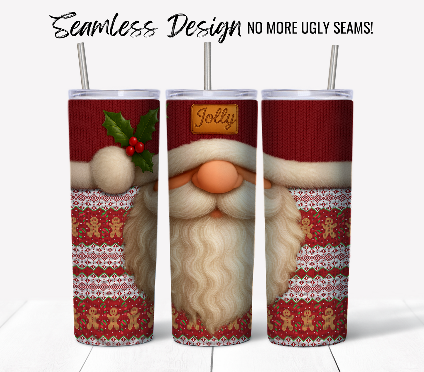 Jolly Santa Ugly Sweater #13: Three seamless 20 oz skinny tumbler wraps featuring festive red Santa and gingerbread patterns. Includes “Seamless Design NO MORE UGLY SEAMS!” Perfect as a sublimation tumbler wrap digital download.