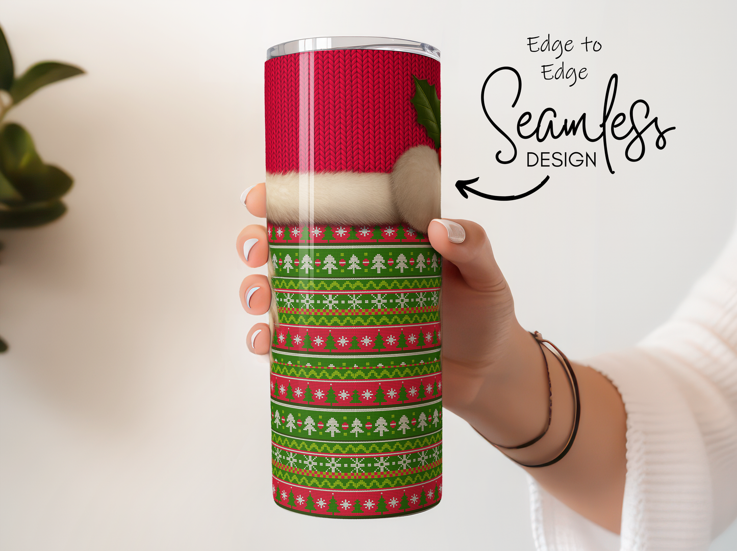 Christmas Tumbler with Seamless Santa Hat Design, Festive Red and Green Pattern, Holiday Drinkware Gift