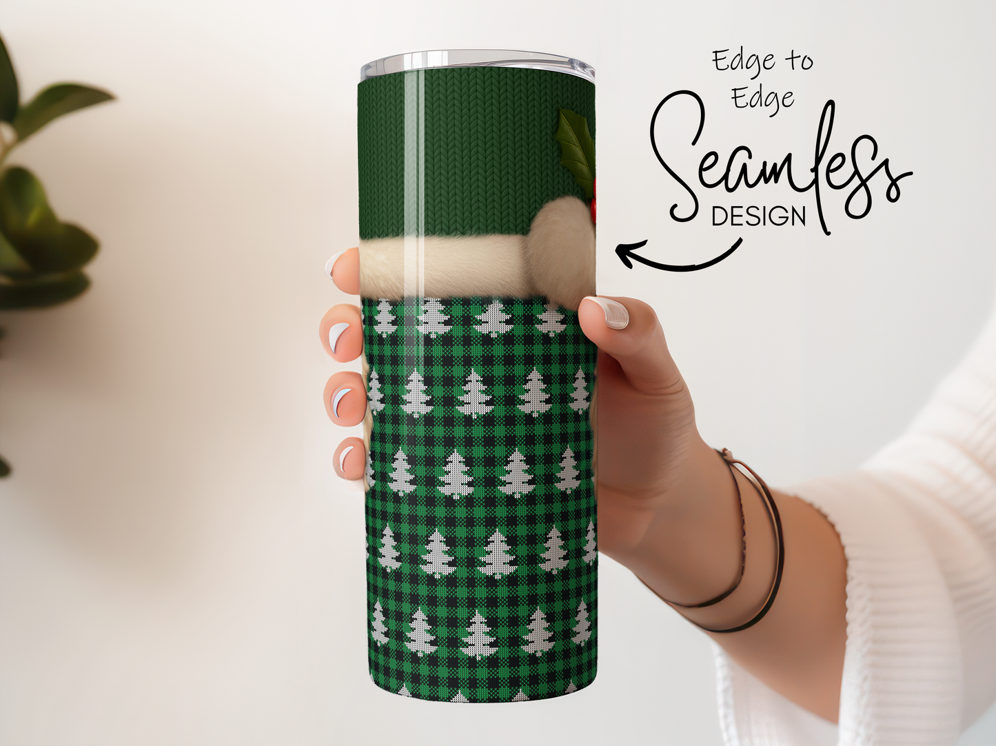Seamless Christmas Tree Design Tumbler, Green Winter Thermal Cup, Insulated Travel Mug, Holiday Gift Idea