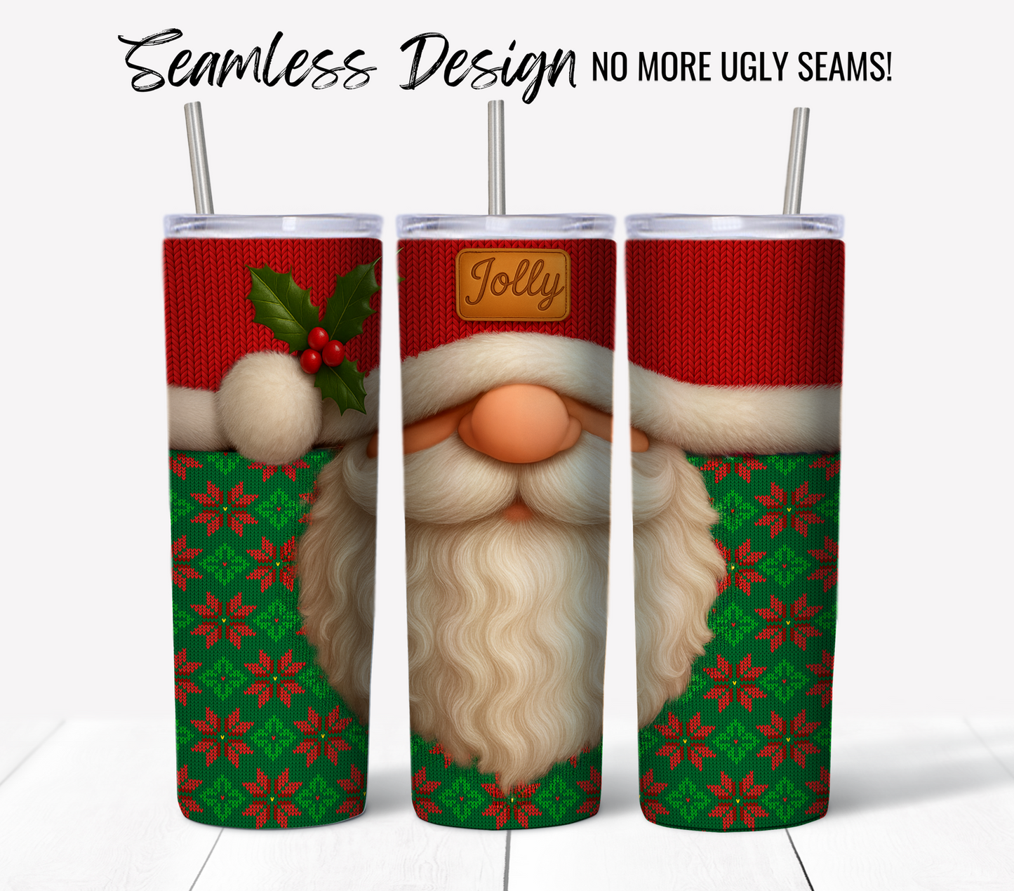 The "Jolly Santa Ugly Sweater #1" features three seamless tumbler wraps with Santa's face, hat, beard, red/green stars, and holly—ideal for 20 oz sublimation tumblers. Top text: "Seamless Design No More Ugly Seams!" Digital download.
