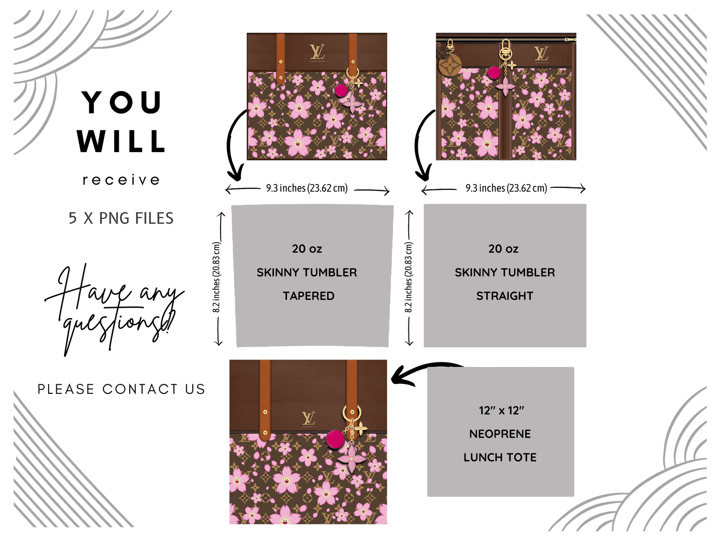 LV Brown Cherry Blossom Lunch Tote and Tumbler Set Plain - Hushed Designs