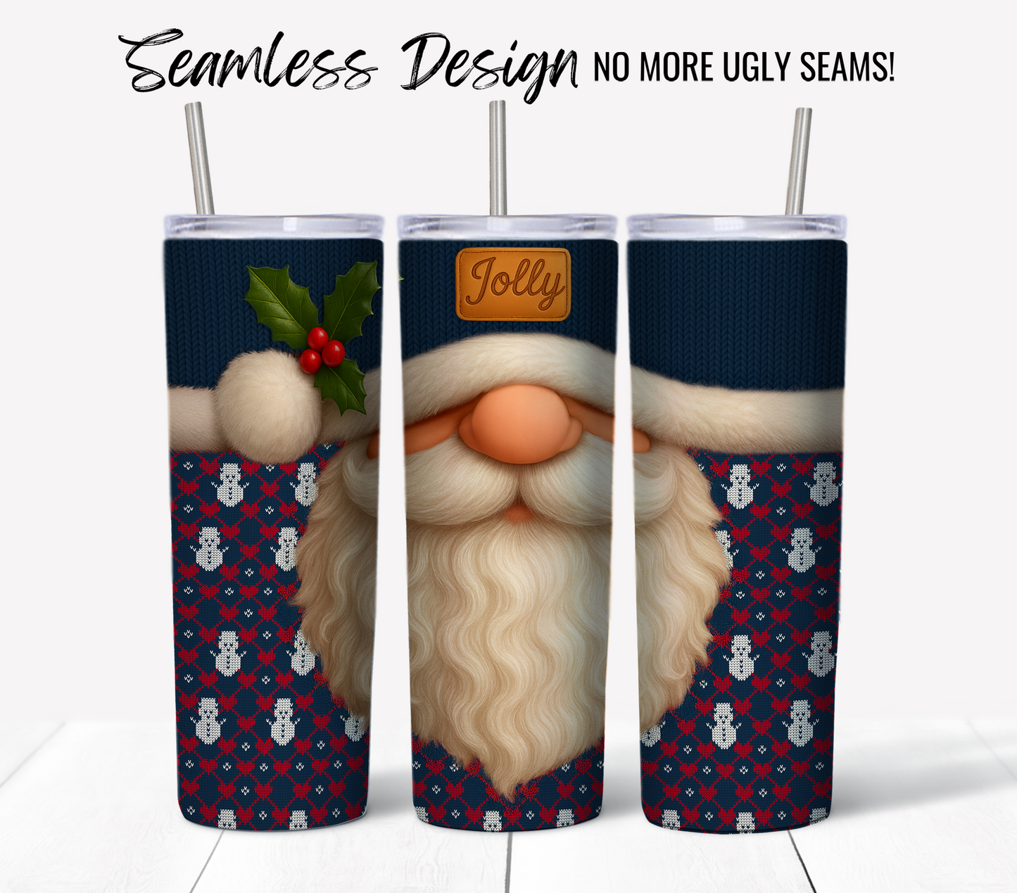 Jolly Santa Ugly Sweater #2: Set of three seamless 20 oz tumbler wraps featuring a Santa Claus with detailed beard, blue hat, holly, snowmen, and hearts. Includes one "Jolly" patch. Ideal for sublimation or as a digital download.