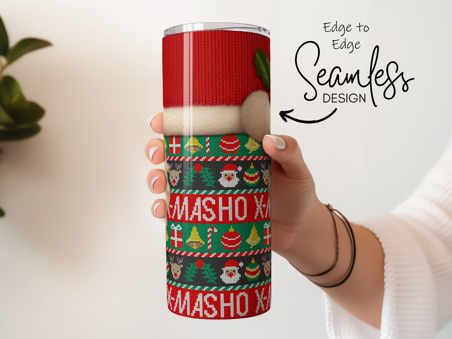 Seamless Christmas Tumbler, Festive Holiday Drinkware, Santa and Reindeer Design, Unique Gift Idea