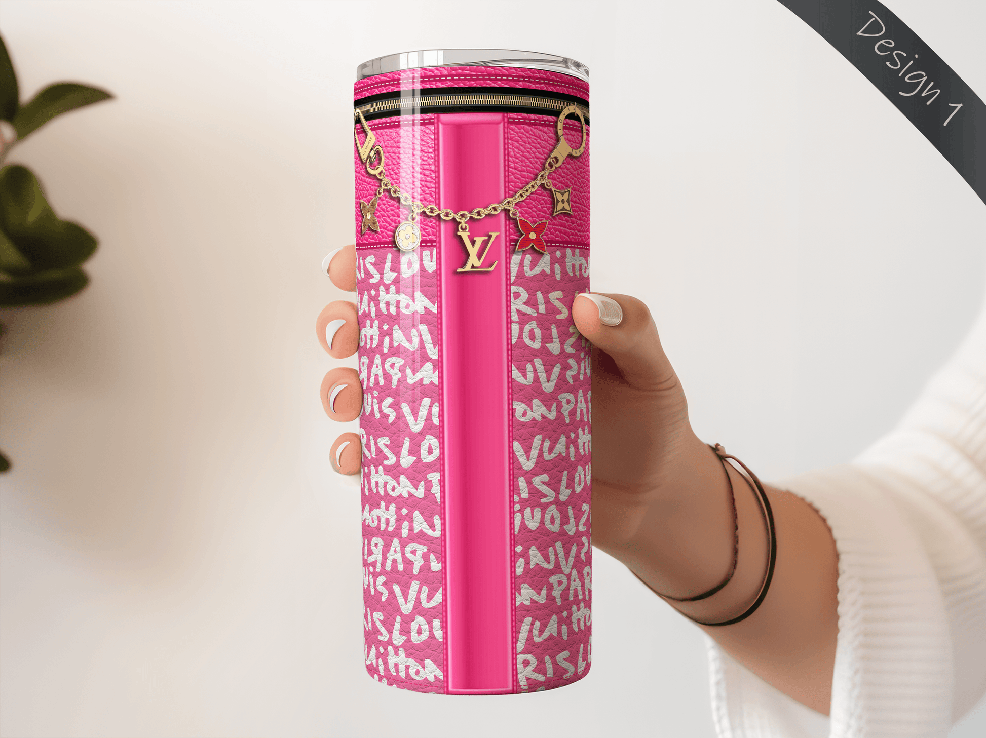 LV Pink Graffiti Monogram Lunch Tote and Tumbler Set Leather Texture - Hushed Designs