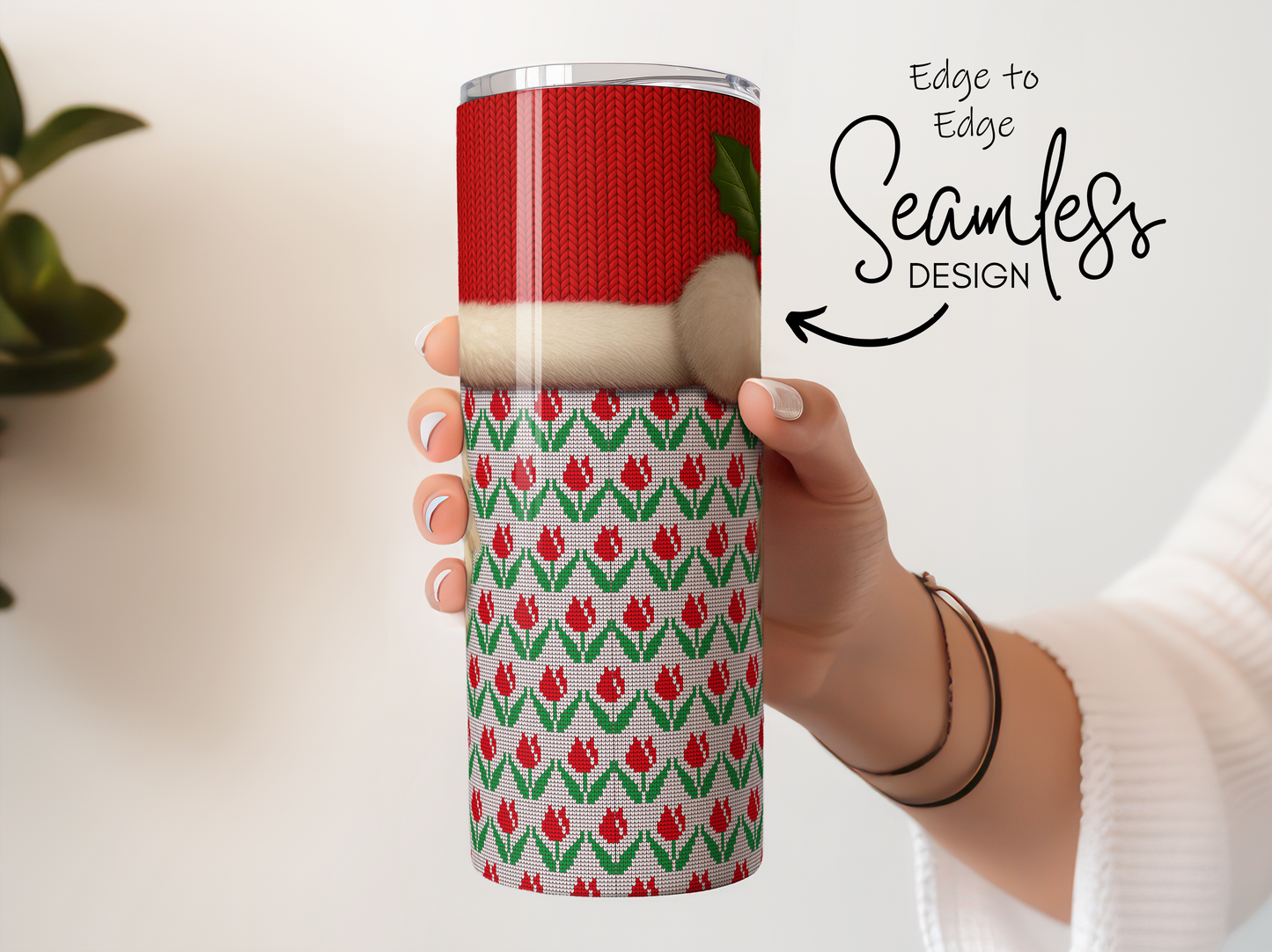 Seamless Christmas Tumbler Design, Red Green Knit Pattern, Holiday Drinkware Gift, Santa Hat Detail, Travel Mug