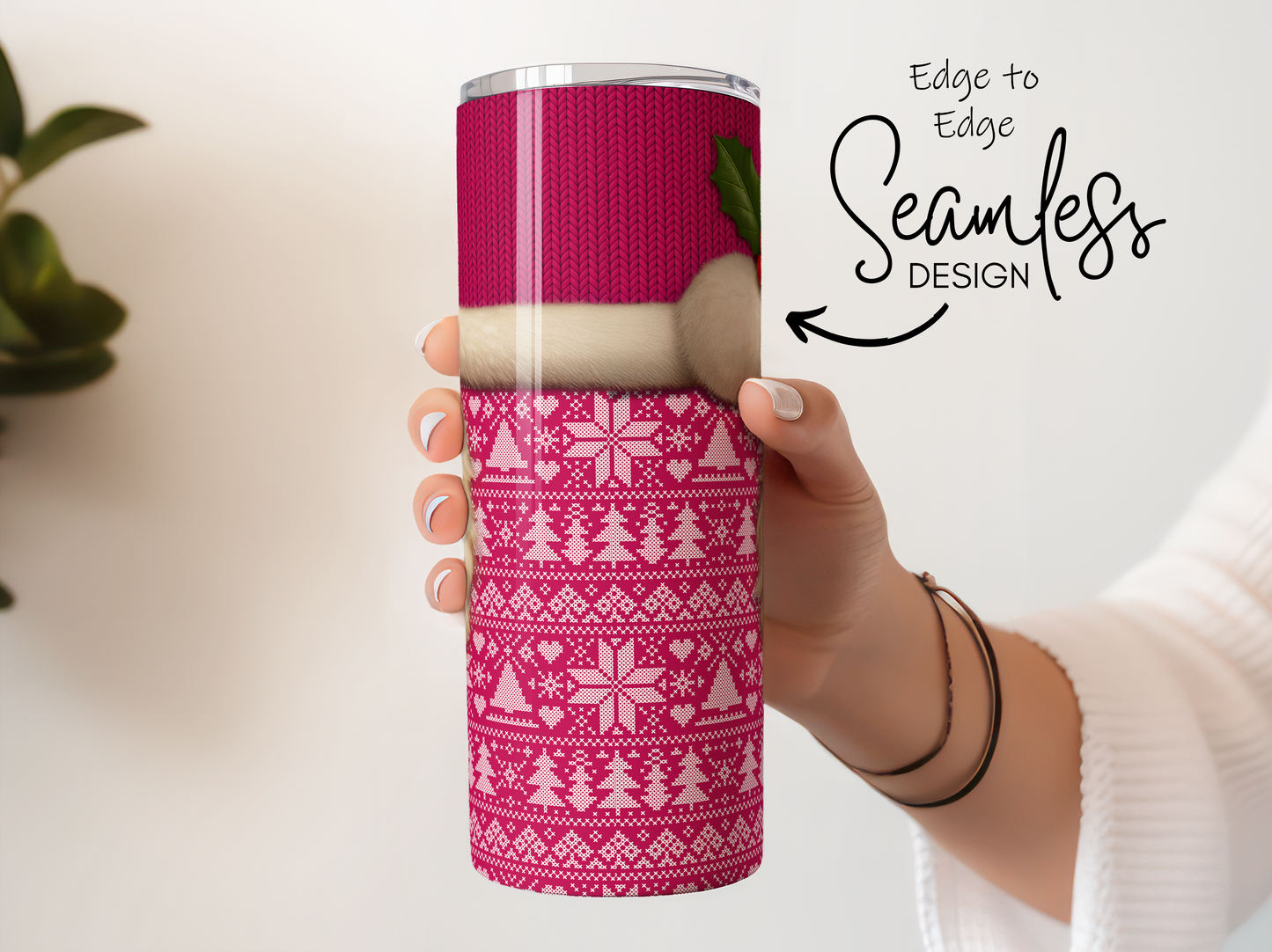 Seamless Pink Nordic Pattern Insulated Tumbler, Winter Travel Mug, Gift Idea, Stylish Beverage Holder