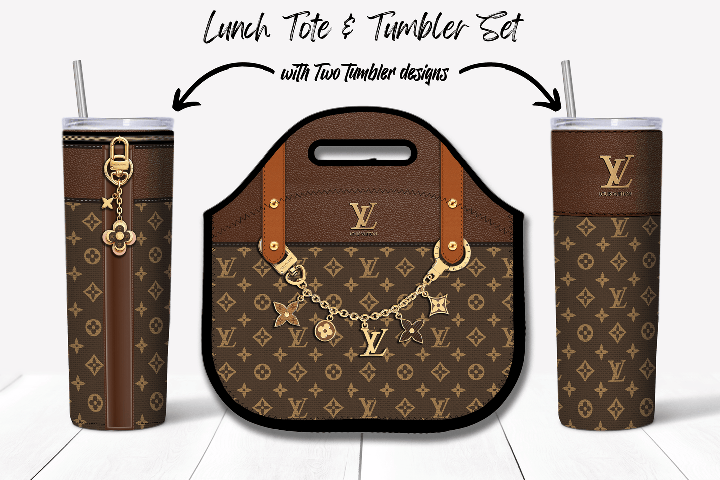 LV Brown Monogram Lunch Tote and Tumbler Set Fabric Texture - Hushed Designs