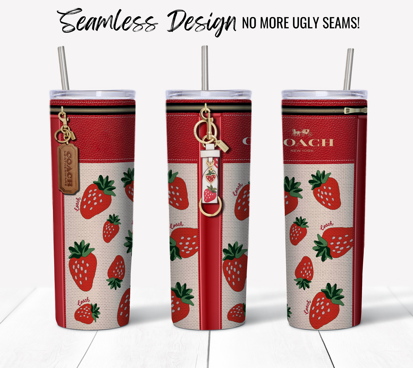 Three tall, red and white tumblers with strawberry patterns and "NY Coach Red Strawberry Fabric Texture" branding stand side by side. Featuring a seamless design achieved through sublimation printing, these 20 oz Sublimation Tumbler Wraps come with metallic straws and lids. One tumbler includes a keychain and tag for added flair.