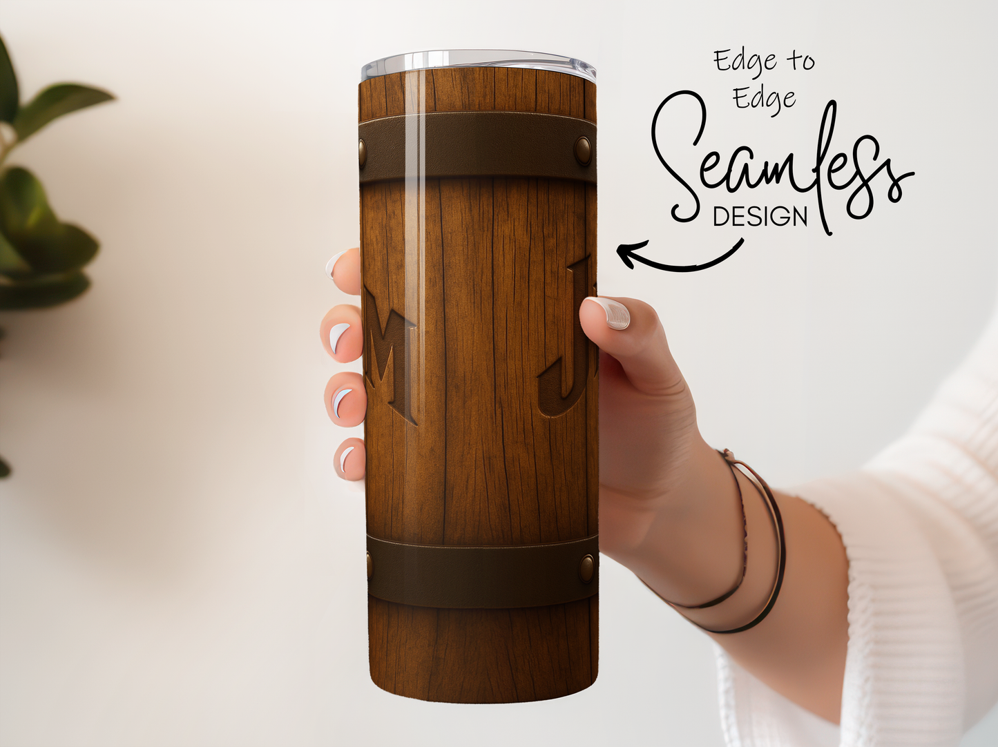 Personalized Wooden Barrel Design Tumbler, Custom Initial Monogram, Seamless Travel Mug, Unique Gift Idea