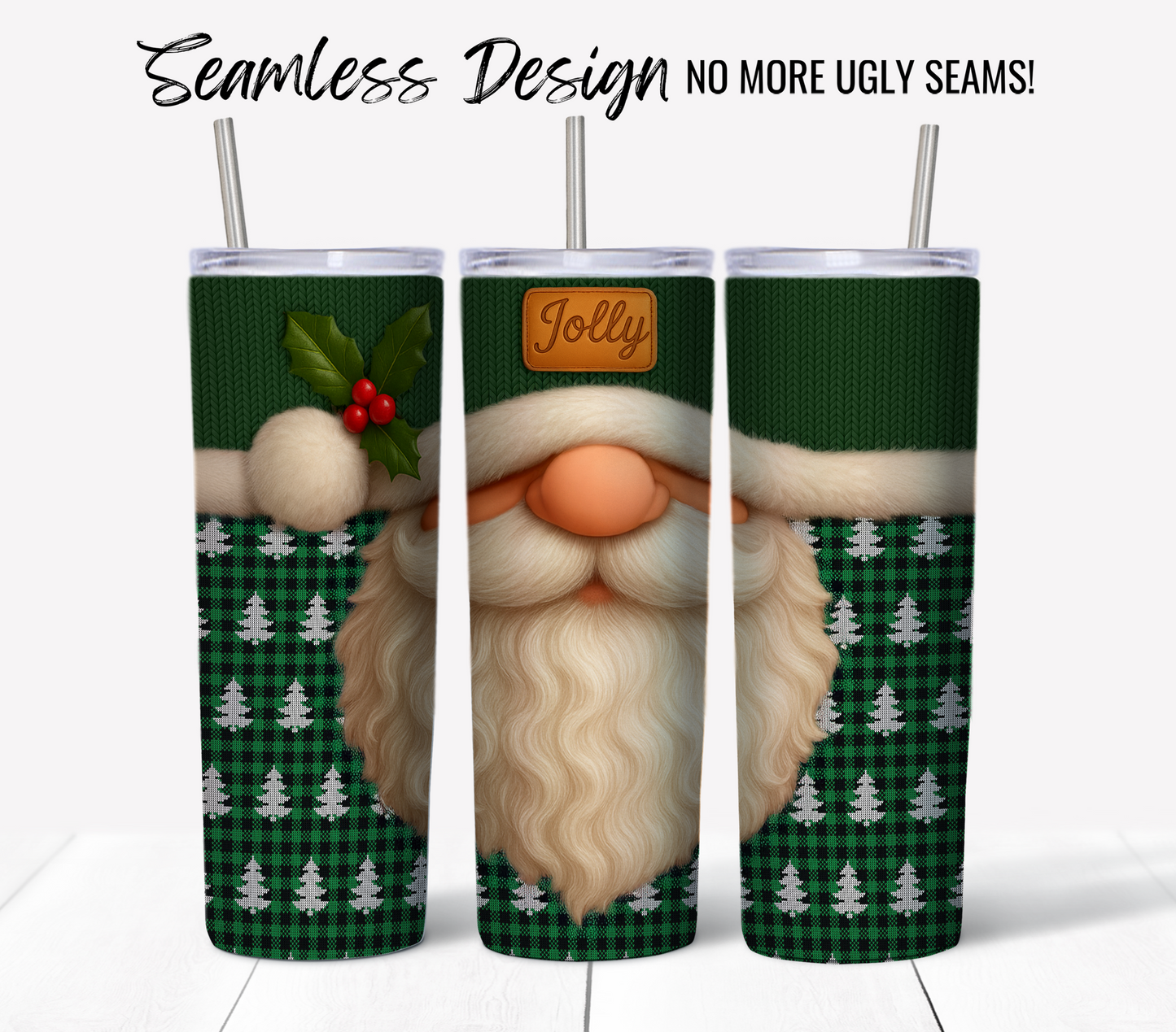 The "Jolly Santa Ugly Sweater #4" features a seamless design with a gnome face, white beard, and green plaid with white Christmas trees, holly, and a "Jolly" patch. Ideal for 20 oz sublimation tumbler wrap digital download.
