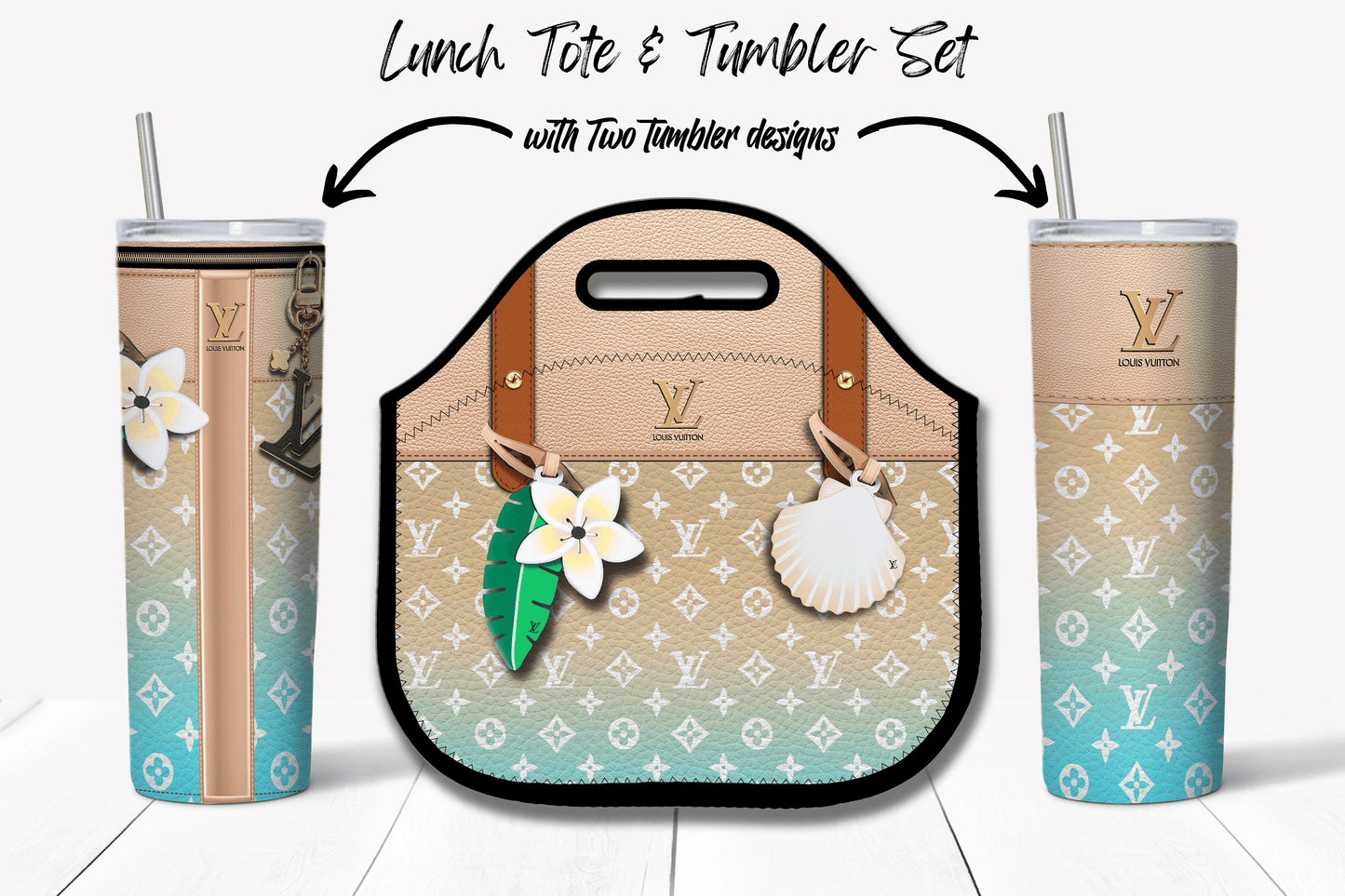 LV Beige By The Pool Lunch Tote and Tumbler Set Leather Texture - Hushed Designs