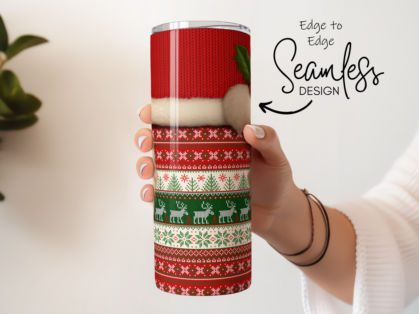Seamless Christmas Tumbler, Red Holiday Pattern, Ugly Sweater Design, Festive Drinkware Gift