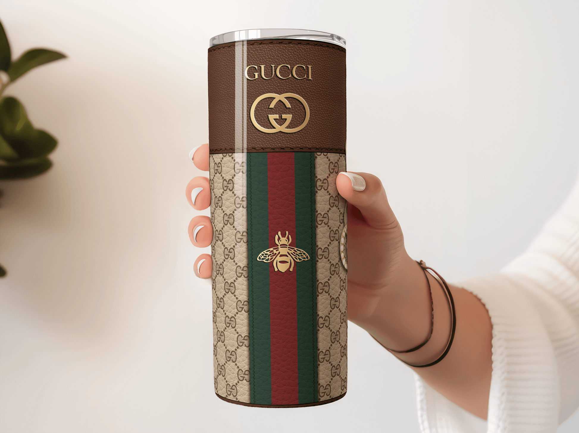 Gucci Brown Monogram Lunch Tote and Tumbler Set Leather Texture - Hushed Designs