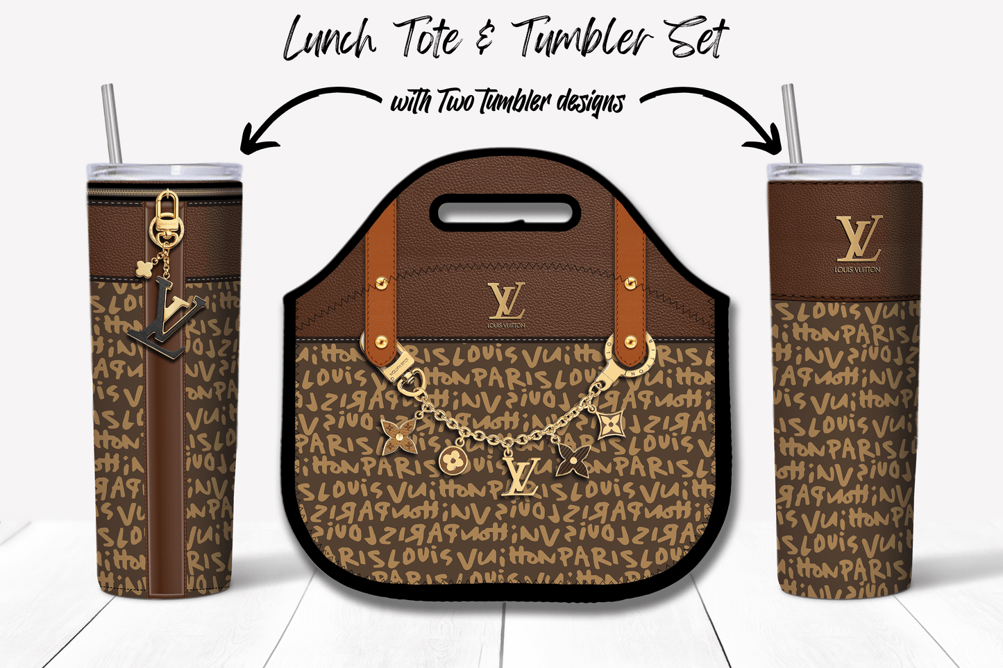 LV Brown Graffiti Monogram Lunch Tote and Tumbler Set Plain - Hushed Designs