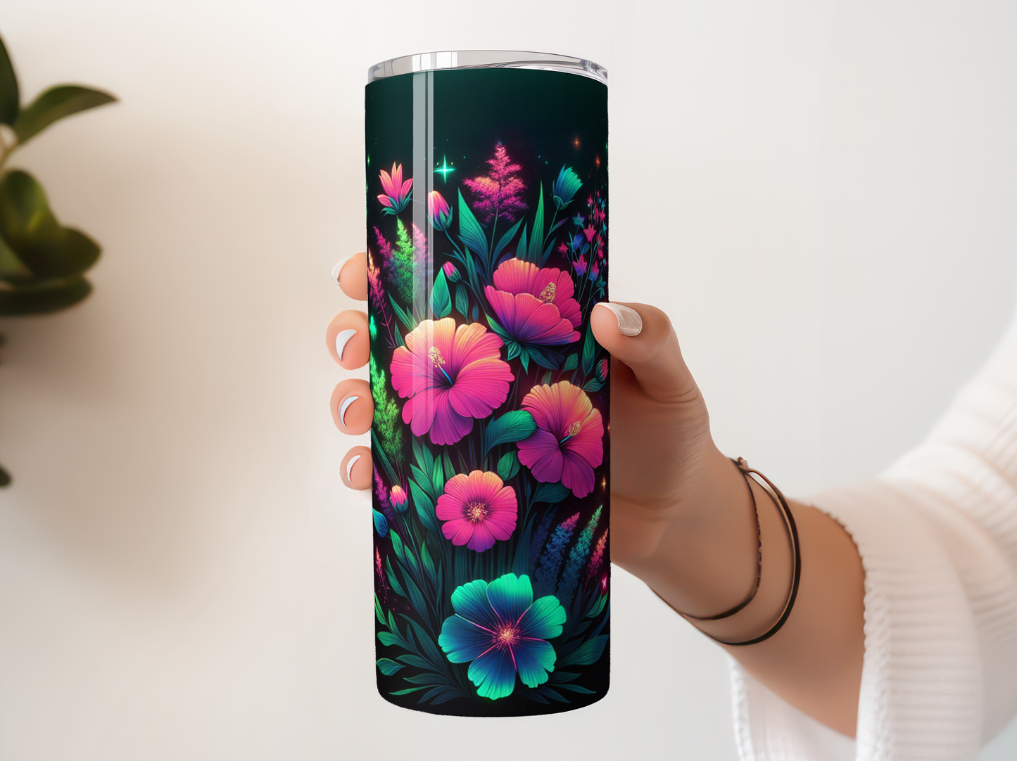 Floral Tumbler, Colorful Hibiscus Flowers, Insulated Travel Mug, Tropical Design, Gift for Her, Unique Beverage Holder, 20 oz