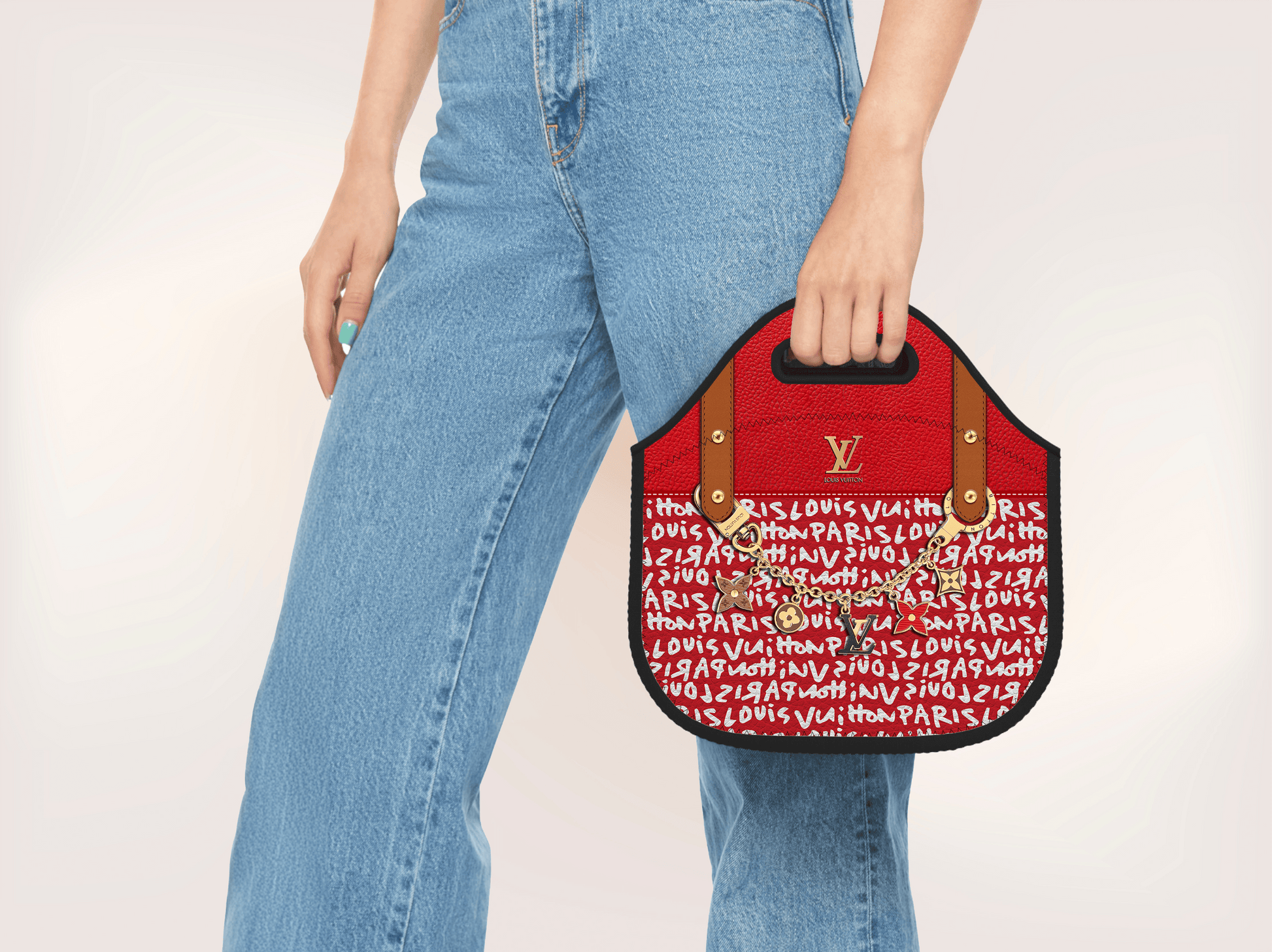 LV Red Graffiti Monogram Lunch Tote and Tumbler Set Leather Texture - Hushed Designs