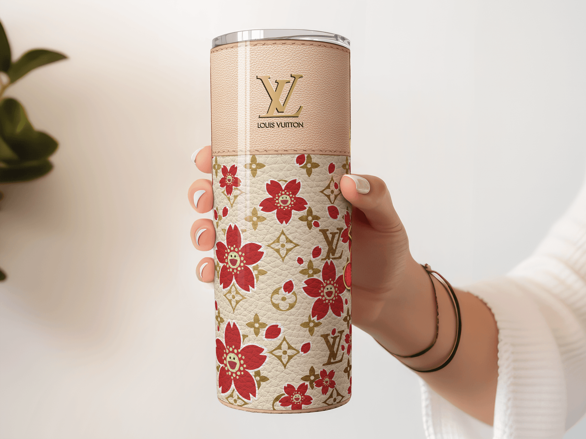 LV Beige Cherry Blossom Designer Purse with Leather Texture - Hushed Designs