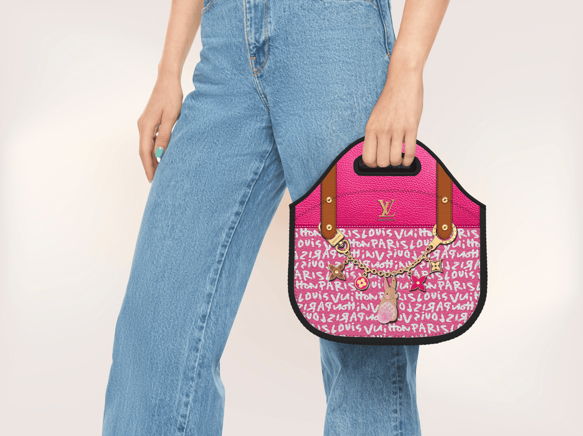 LV Pink Graffiti Monogram Lunch Tote and Tumbler Set Leather Texture - Hushed Designs
