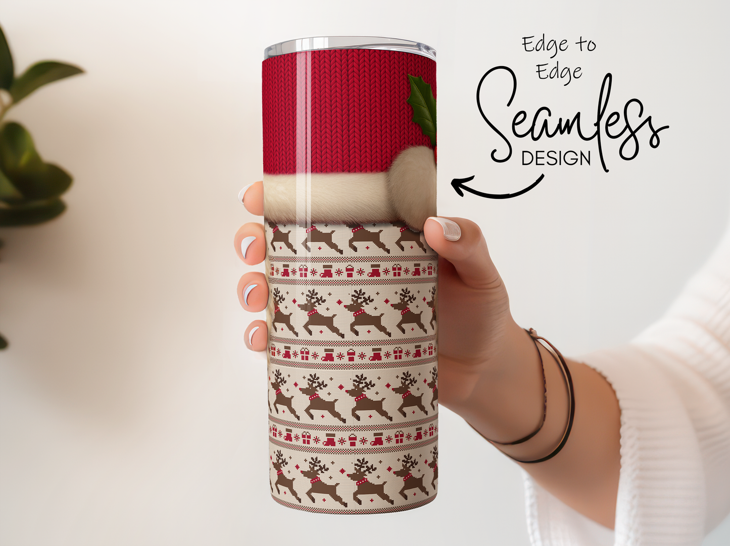 Seamless Christmas Tumbler, Reindeer and Snowflake Pattern, Festive Travel Mug, Holiday Drinkware Gift, Red and White