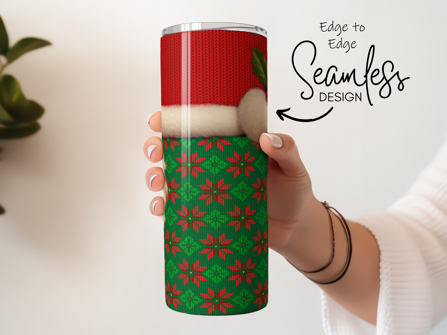 Festive Christmas Tumbler, Red and Green Seamless Design, Santa Hat, Holiday Drinkware Gift