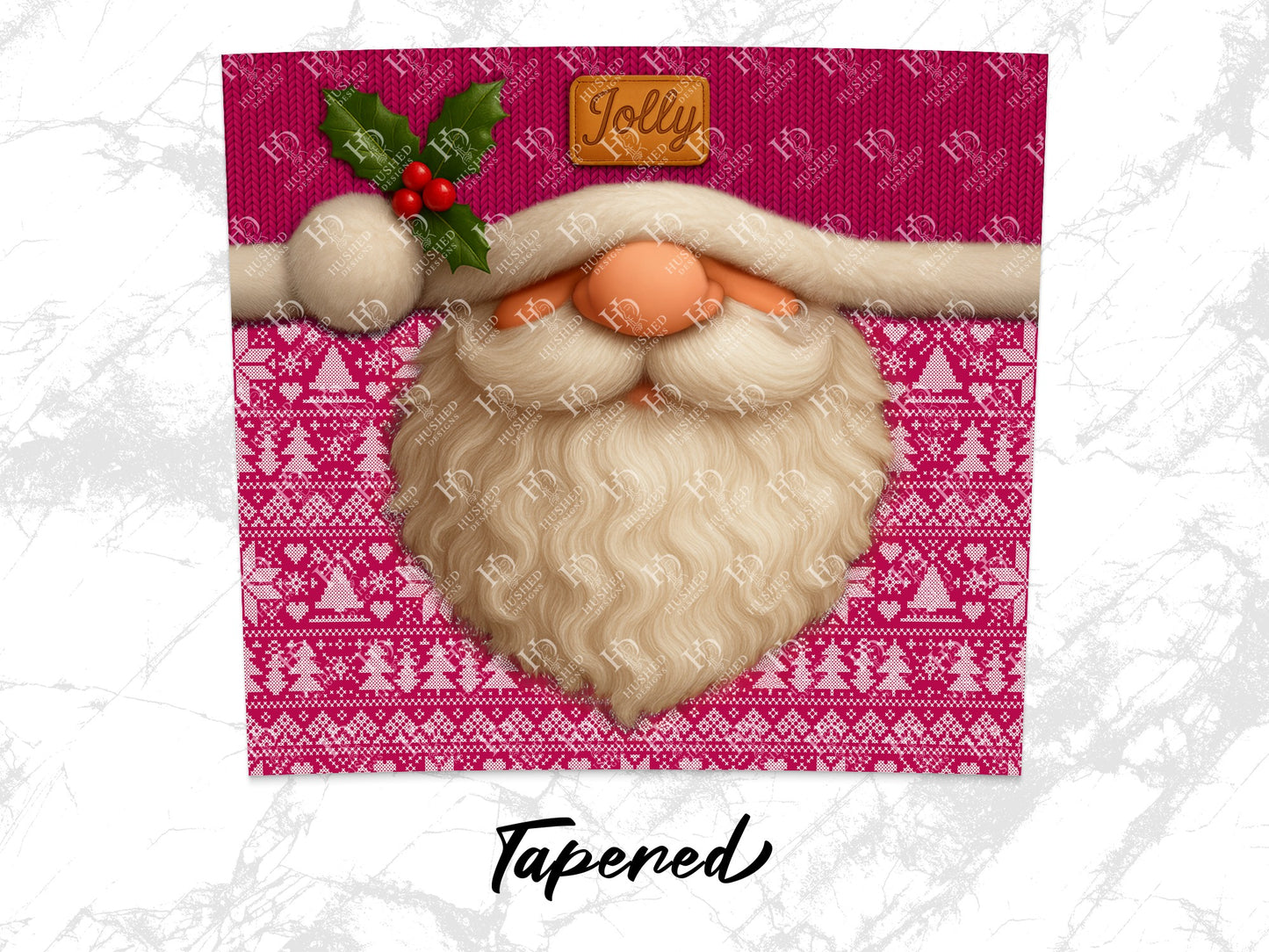 Christmas Santa Claus Wall Art, Festive Holiday Decor, Knit Beard, Pink Background, Holly Berries Accents