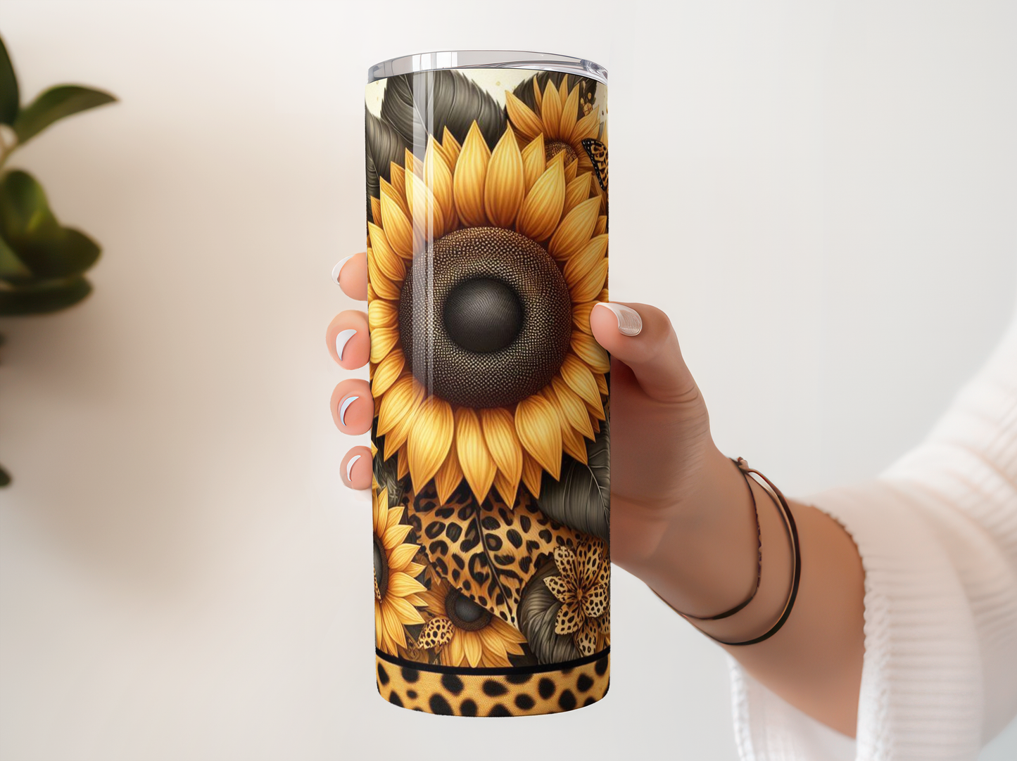 Sunflower and Leopard Print Tumbler, Stainless Steel Insulated Travel Mug, Floral and Animal Pattern Drinkware