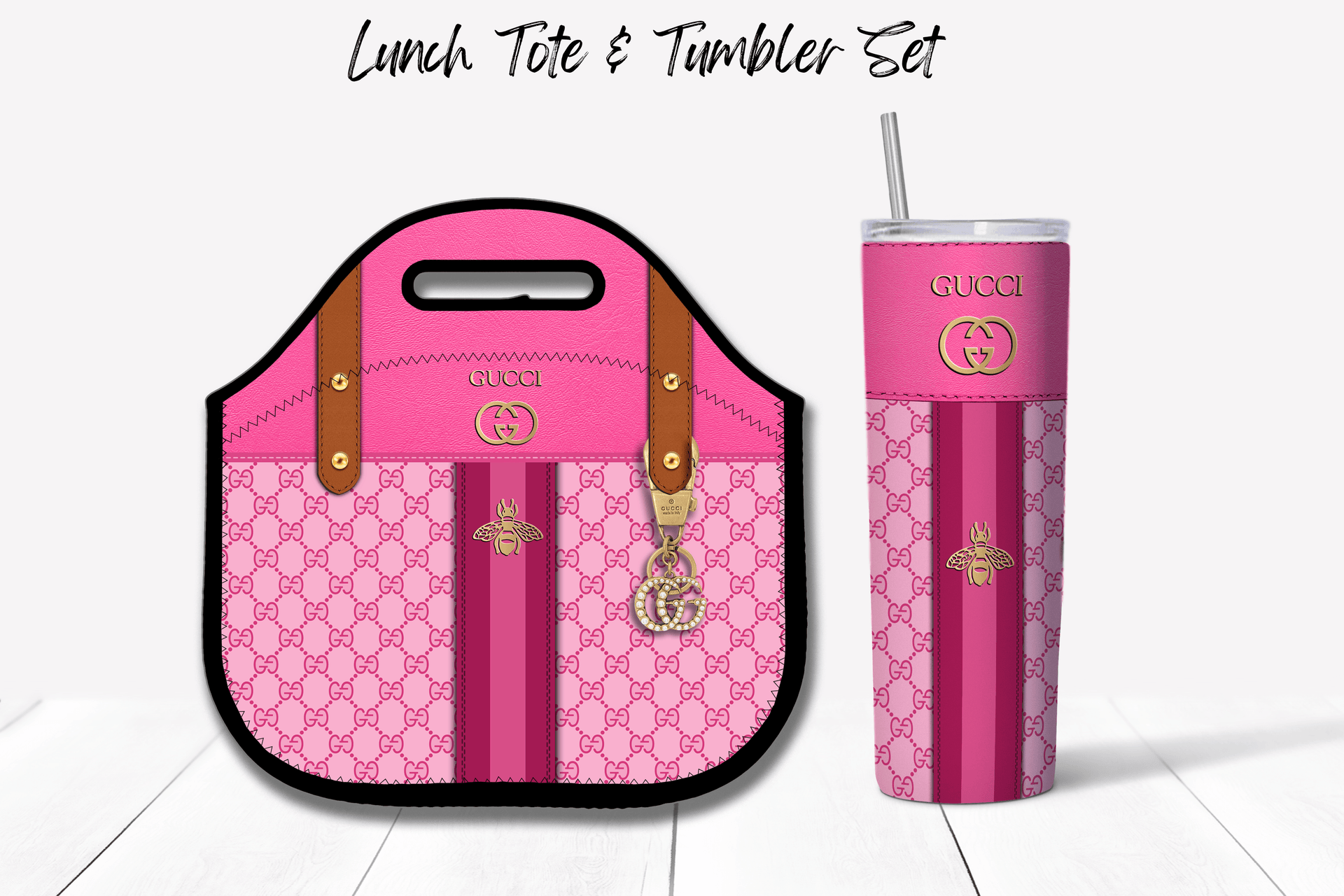 Gucci Pink Monogram with Brown Strap Lunch Tote and Tumbler Set Plain Hushed Designs