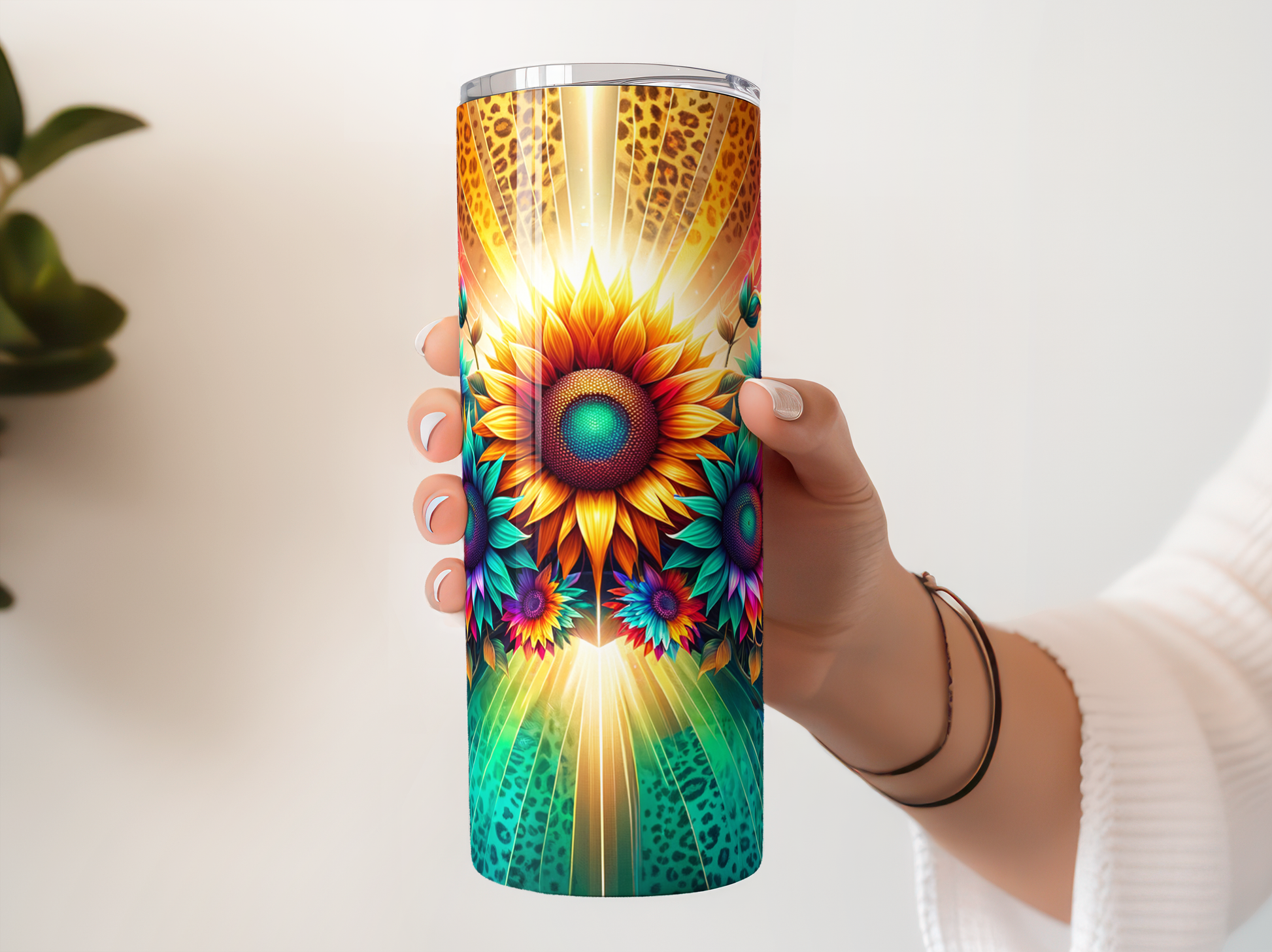 Colorful Sunflower and Leopard Print Tumbler, Insulated Travel Mug, Unique Floral Pattern, Gift for Her