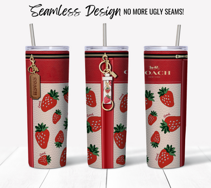 Three NY Coach Red Strawberry Leather Texture tumblers with a seamless design. Each tumbler features an elegant strawberry pattern, a luxurious leather texture, and is adorned with a brown Coach tag and keychain. Text at the top reads, "Seamless Design - No More Ugly Seams!" Perfect for your 20 oz Sublimation Tumbler Wrap or digital download projects.