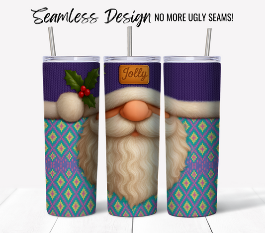 The Jolly Santa Ugly Sweater #20 features a seamless holiday design with a gnome face, white beard, purple hat with holly, and green-pink geometric sweater motif. Perfect for a 20 oz sublimation tumbler wrap digital download—no more ugly seams!.