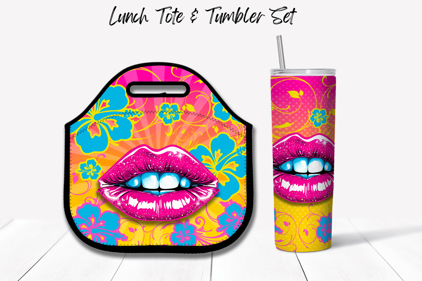 LUNCH-SET-001 Lips Lunch Tote and Tumbler Sublimation Design (Digital File) - Hushed Designs