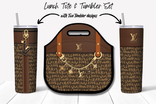 LV Brown Graffiti Monogram Lunch Tote and Tumbler Set Leather Texture - Hushed Designs