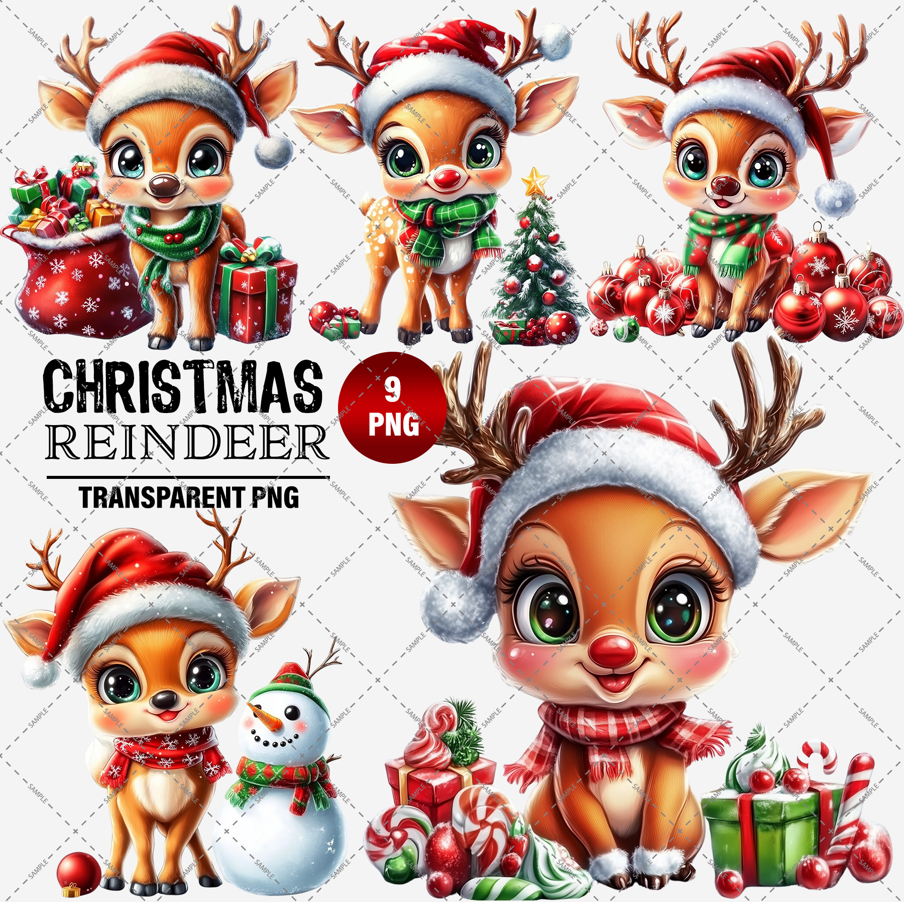 Charming cartoon reindeer characters donning festive outfits and Santa hats, complemented by bright expressions. They are surrounded by Christmas elements such as gifts, ornaments, a snowman, and a small Christmas tree. These images are available as high-resolution digital PNG files with transparent backgrounds under the product name "Cute Reindeer 9 x Transparent PNG Files.