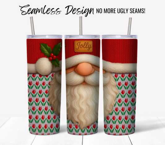 Set of three 20 oz tumbler wraps featuring the Jolly Santa Ugly Sweater #10 seamless design—Santa’s red hat, holly, rosy nose, and white beard on a festive background. Digital download. Text: “Seamless Design No More Ugly Seams!”.