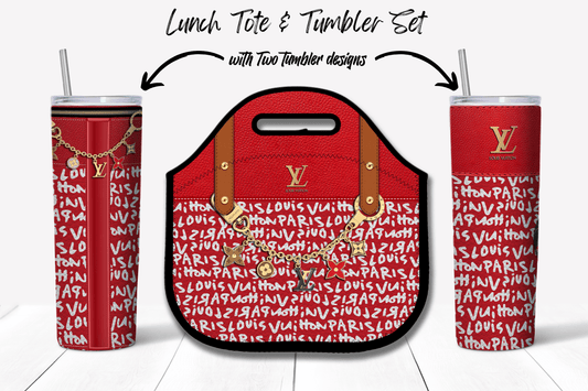 LV Red Graffiti Monogram Lunch Tote and Tumbler Set Leather Texture - Hushed Designs