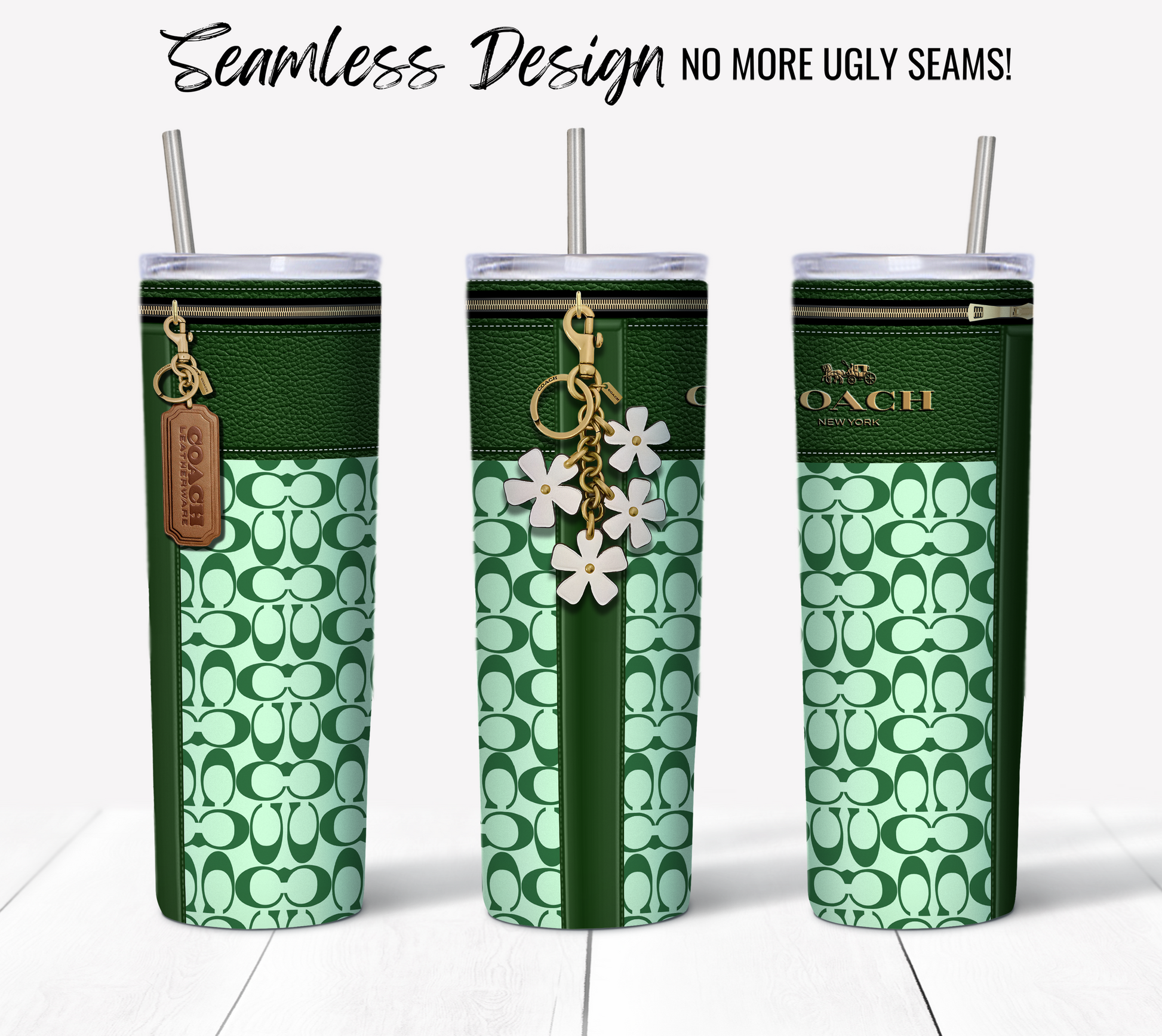 Three NY Coach Forrest Green Monogram Plain 20 oz Sublimation Tumblers with silver straws are shown. Each tumbler features a unique design, adorned with decorative elements like charms and zippers. The text reads "Seamless Design No More Ugly Seams!" Perfect for crafting your own Skinny Tumbler Wrap.