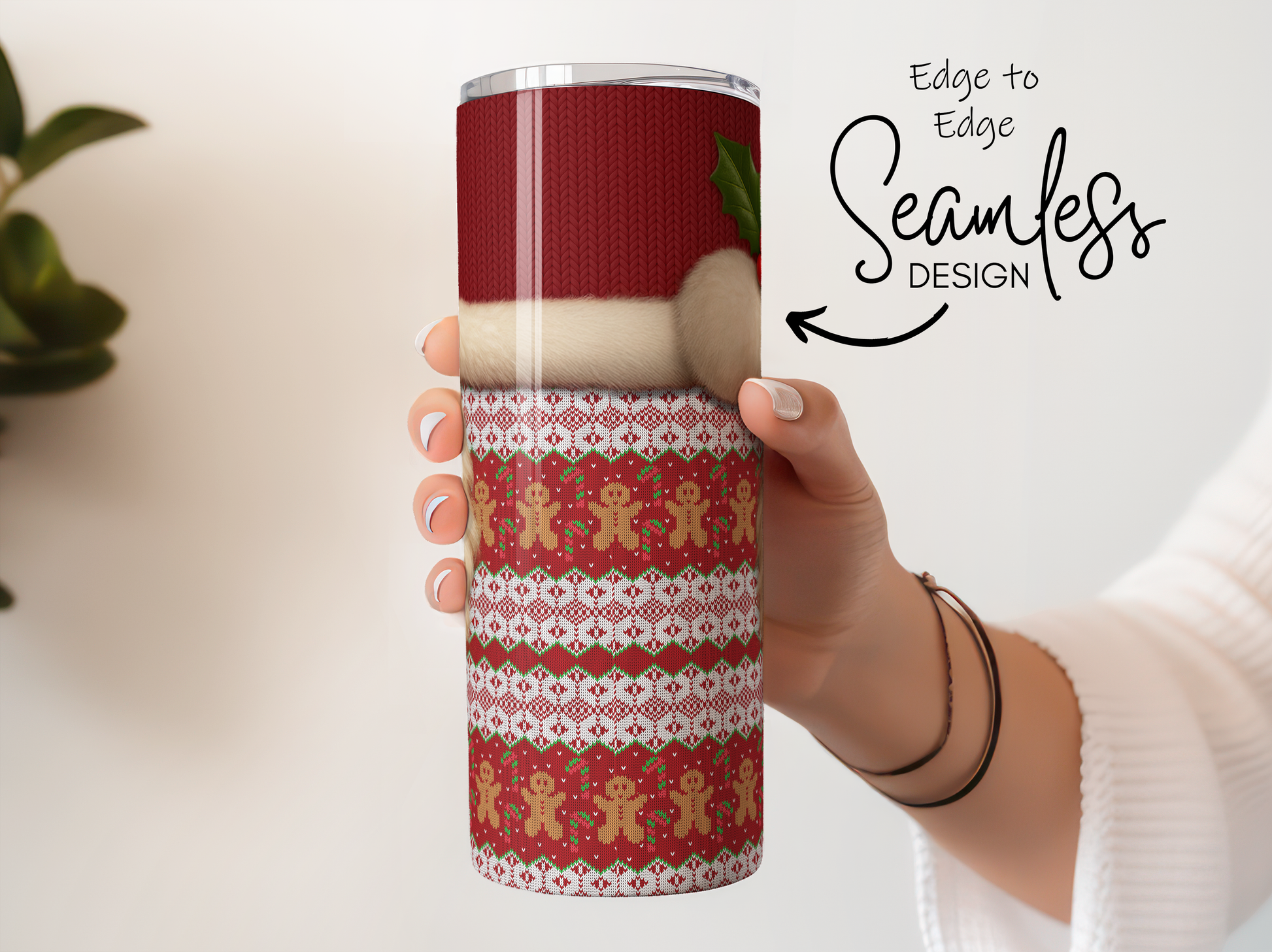 Festive Holiday Tumbler, Seamless Christmas Design, Red and White, Reindeer Pattern, Gift Idea