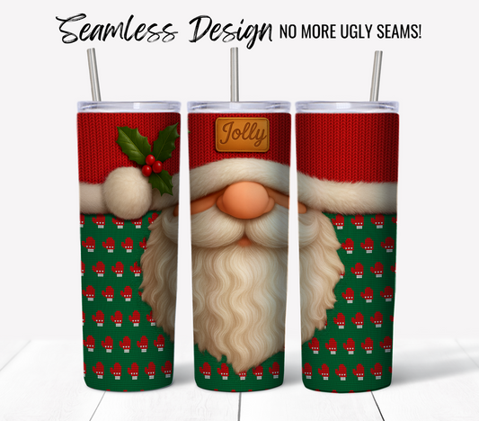 Jolly Santa Ugly Sweater #11: Three 20oz sublimation tumbler wraps with Santa in a red knit hat, holly, a "Jolly" label, and green heart background. Digital download—no ugly seams! Perfect for skinny tumbler wrap projects.