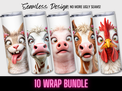 Farm Animal Tumbler Wrap Bundle | 10 Seamless PNG Designs—features cute cat, cow, pig, and rooster patterns for 20 oz sublimation projects! Includes “Seamless Design No More Ugly Seams!” and “10 Wrap Bundle” text in bold pink. Digital download.