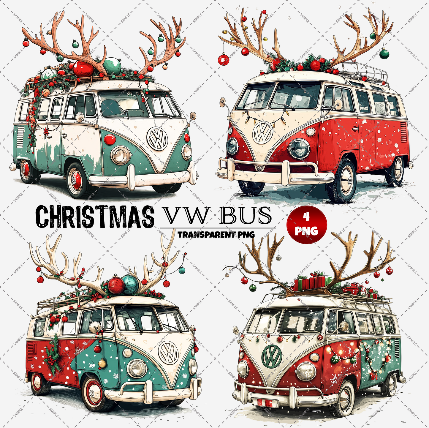 A festive illustration features four VW buses embellished with Christmas antlers, ornaments, and presents on their roofs. These buses each display unique colors against a snowy scene. The image comes in high-resolution digital PNG files with a transparent background. The text reads "Christmas VW Bus." Product name: VW Christmas Bus 4 x Transparent PNG Files.