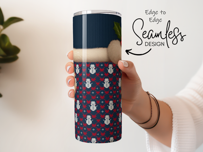 Seamless Winter Design Tumbler, Navy Blue and Red Snowflake Pattern, Insulated Travel Mug, Christmas Gift Idea