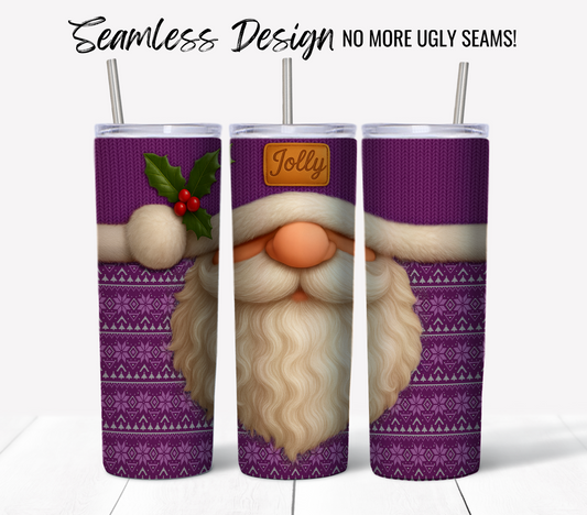 The Jolly Santa Ugly Sweater #12 offers three purple 20 oz sublimation tumbler wraps with a seamless gnome design, holly hat, and “Jolly” text. Includes digital download. Text above: "Seamless Design No More Ugly Seams!.