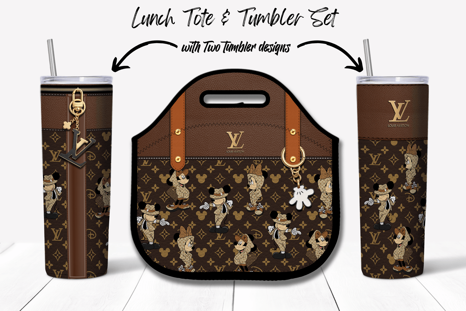 LV Brown Mickey & Minnie Lunch Tote and Tumbler Set Leather Texture - Hushed Designs