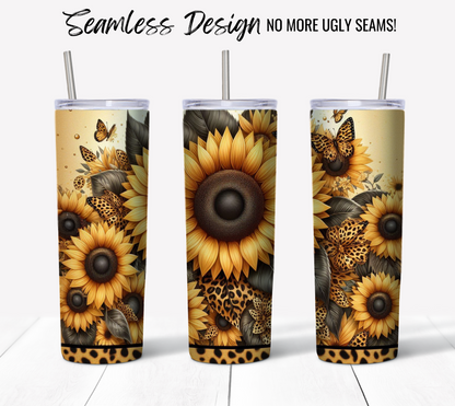 Sunflower and Butterfly Tumbler, Seamless Design 20oz, Stainless Steel Travel Mug, Insulated Coffee Cup