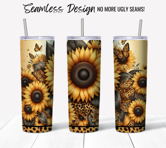 Sunflower and Butterfly Tumbler, Seamless Design 20oz, Stainless Steel Travel Mug, Insulated Coffee Cup
